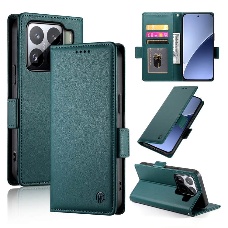 

For Xiaomi 15 Pro Side Buckle Magnetic Frosted Leather Phone Case(Dark Green)