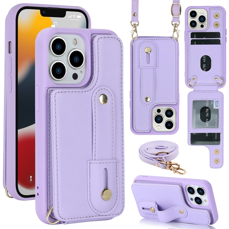 

For iPhone 16 Pro Wristband Vertical Flip Wallet Back Cover Phone Case with Long Lanyard(Purple)