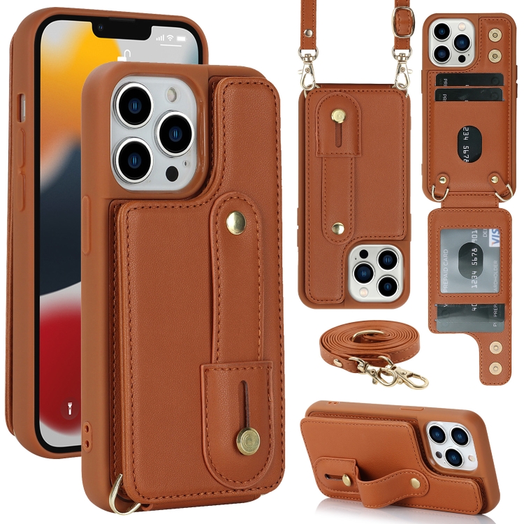 

For iPhone 16 Pro Wristband Vertical Flip Wallet Back Cover Phone Case with Long Lanyard(Brown)