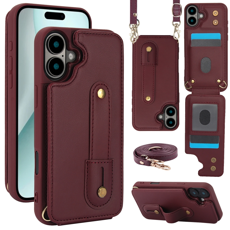 

For iPhone 16 Plus Wristband Vertical Flip Wallet Back Cover Phone Case with Long Lanyard(Wine Red)