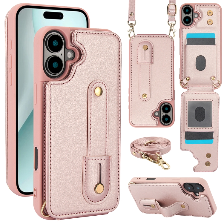 

For iPhone 16 Plus Wristband Vertical Flip Wallet Back Cover Phone Case with Long Lanyard(Rose Gold)