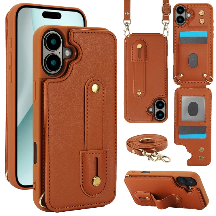 

For iPhone 16 Plus Wristband Vertical Flip Wallet Back Cover Phone Case with Long Lanyard(Brown)