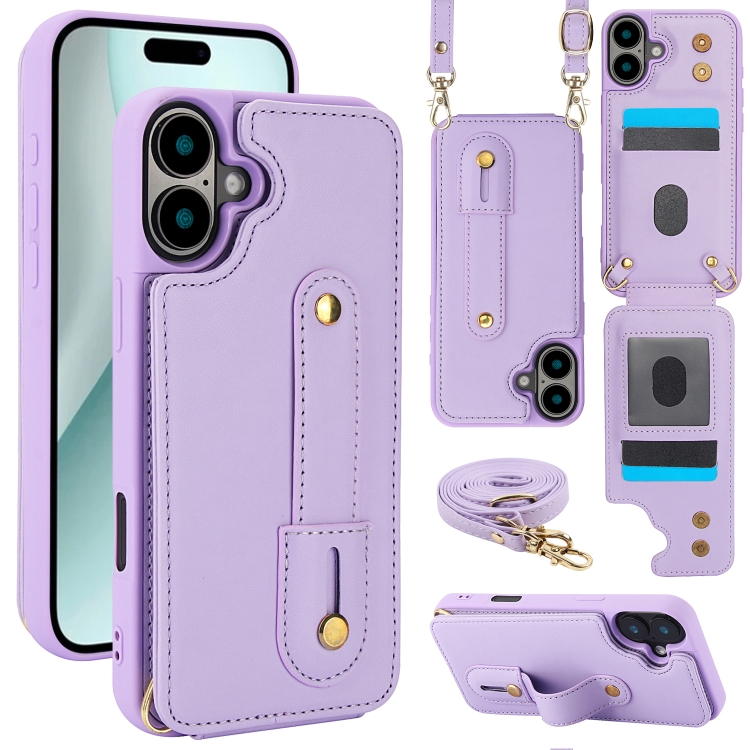 

For iPhone 16 Wristband Vertical Flip Wallet Back Cover Phone Case with Long Lanyard(Purple)