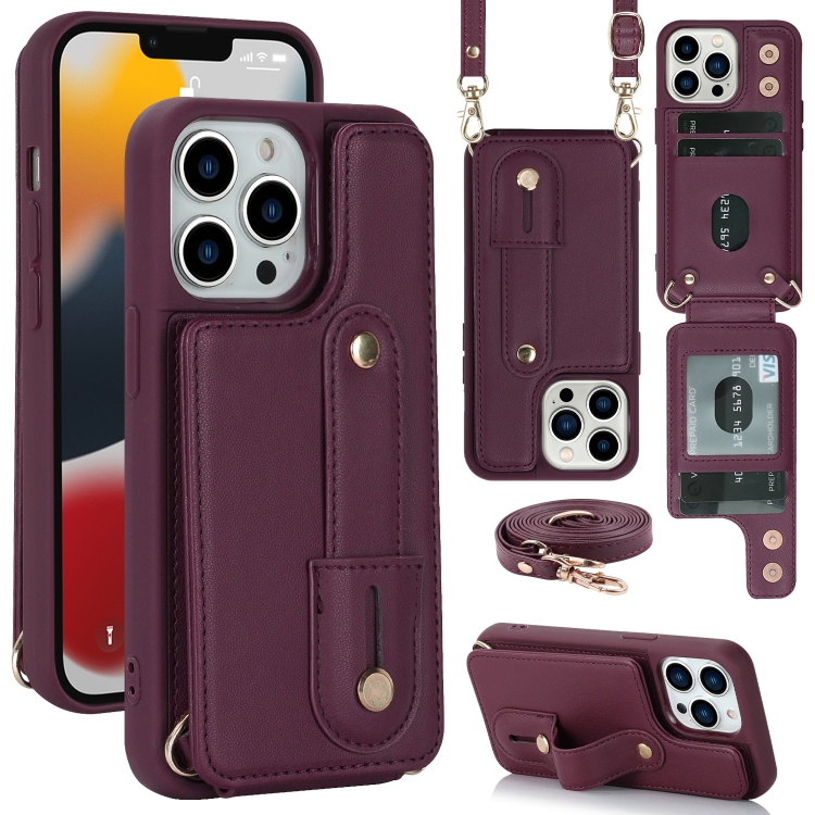 

For iPhone 15 Pro Max Wristband Vertical Flip Wallet Back Cover Phone Case with Long Lanyard(Wine Red)