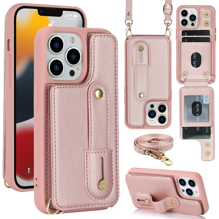 

For iPhone 15 Pro Max Wristband Vertical Flip Wallet Back Cover Phone Case with Long Lanyard(Rose Gold)