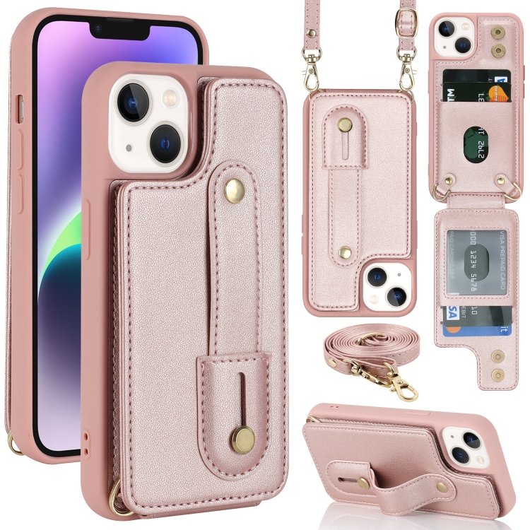 

For iPhone 15 Wristband Vertical Flip Wallet Back Cover Phone Case with Long Lanyard(Rose Gold)