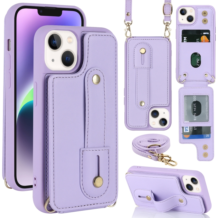 

For iPhone 15 Wristband Vertical Flip Wallet Back Cover Phone Case with Long Lanyard(Purple)