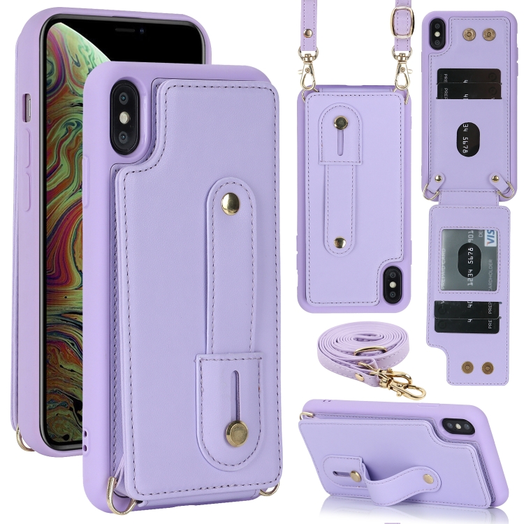 

For iPhone XS Max Wristband Vertical Flip Wallet Back Cover Phone Case with Long Lanyard(Purple)