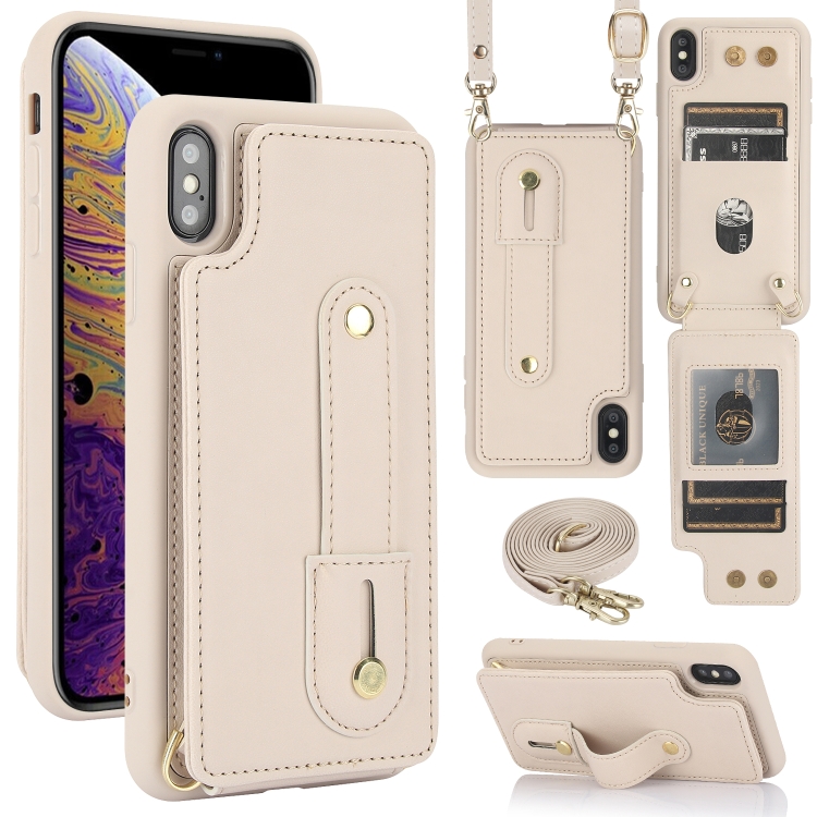 

For iPhone XS Max Wristband Vertical Flip Wallet Back Cover Phone Case with Long Lanyard(White)