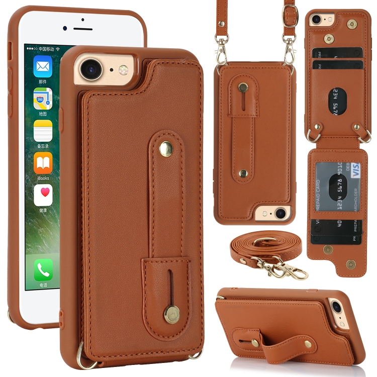 

For iPhone SE 2022 / 2020 / 8 Wristband Vertical Flip Wallet Back Cover Phone Case with Long Lanyard(Brown)