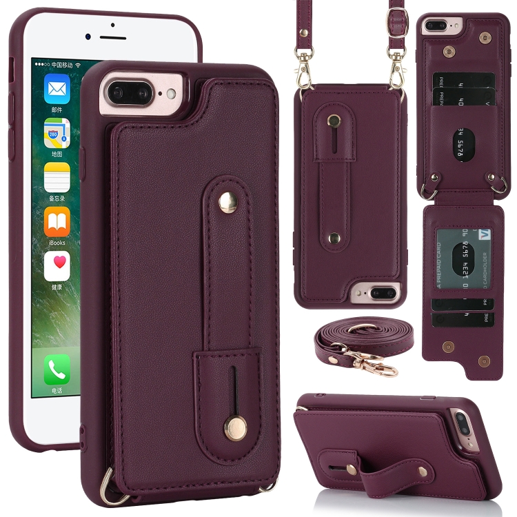 

For iPhone 8 Plus / 7 Plus Wristband Vertical Flip Wallet Back Cover Phone Case with Long Lanyard(Wine Red)