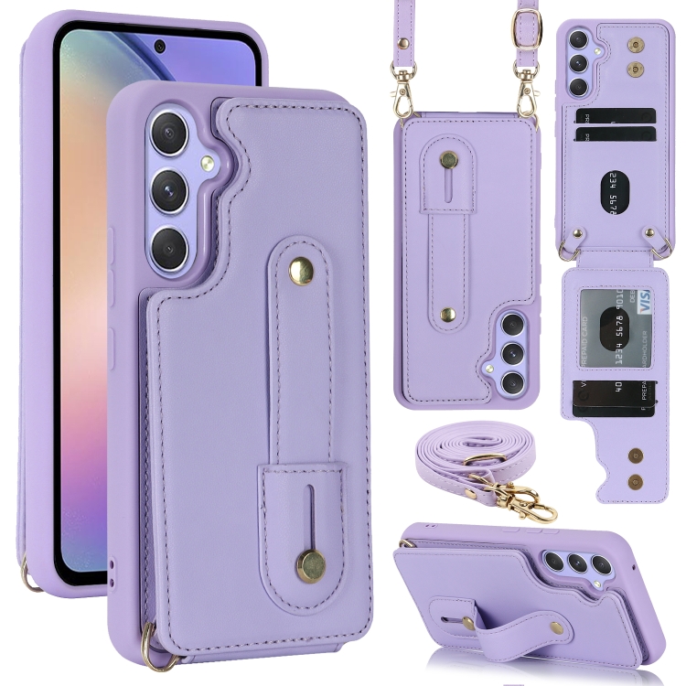 

For Samsung Galaxy S24+ 5G Wristband Vertical Flip Wallet Back Cover Phone Case with Long Lanyard(Purple)