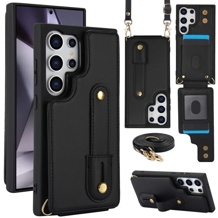 

For Samsung Galaxy S25 Ultra 5G Wristband Vertical Flip Wallet Back Cover Phone Case with Long Lanyard(Black)