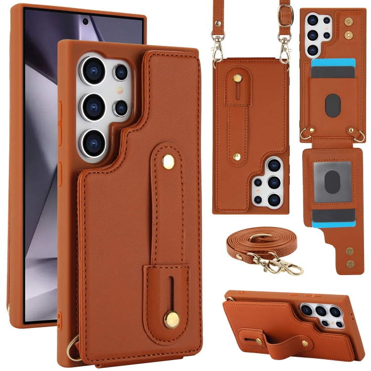 

For Samsung Galaxy S25 Ultra 5G Wristband Vertical Flip Wallet Back Cover Phone Case with Long Lanyard(Brown)