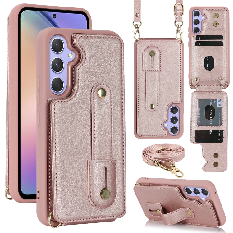 

For Samsung Galaxy S25+ 5G Wristband Vertical Flip Wallet Back Cover Phone Case with Long Lanyard(Rose Gold)