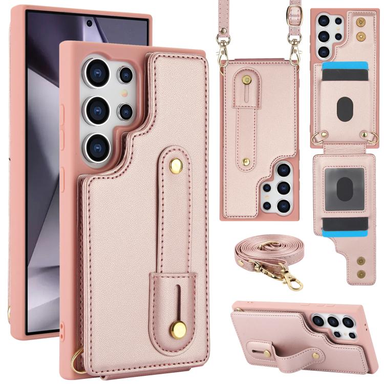 

For Samsung Galaxy S26 Ultra 5G Wristband Vertical Flip Wallet Back Cover Phone Case with Long Lanyard(Rose Gold)
