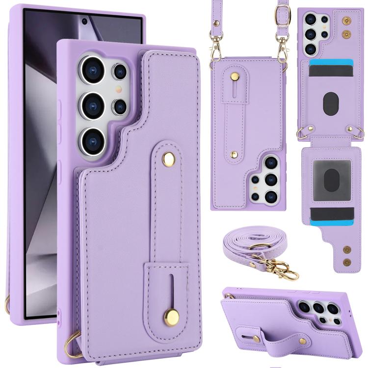 

For Samsung Galaxy S26 Ultra 5G Wristband Vertical Flip Wallet Back Cover Phone Case with Long Lanyard(Purple)