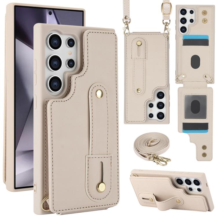 

For Samsung Galaxy S26 Ultra 5G Wristband Vertical Flip Wallet Back Cover Phone Case with Long Lanyard(White)