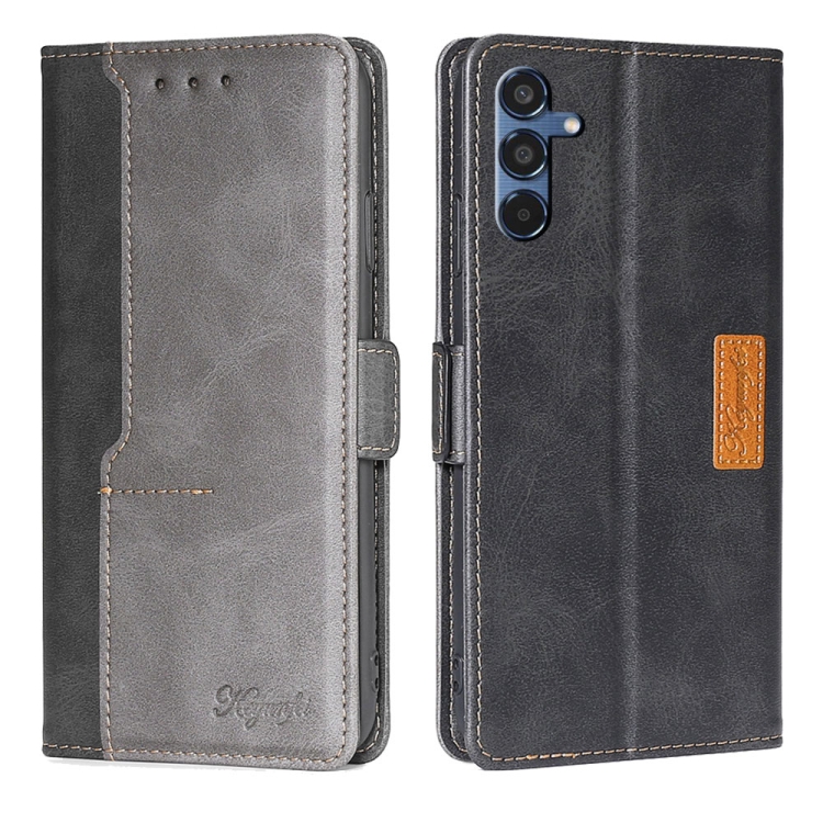 

For Samsung Galaxy M35 5G Contrast Color Side Buckle Leather Phone Case(Black + Grey)