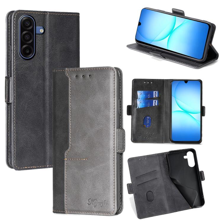 

For Samsung Galaxy A17 5G Contrast Color Side Buckle Leather Phone Case(Black + Grey)