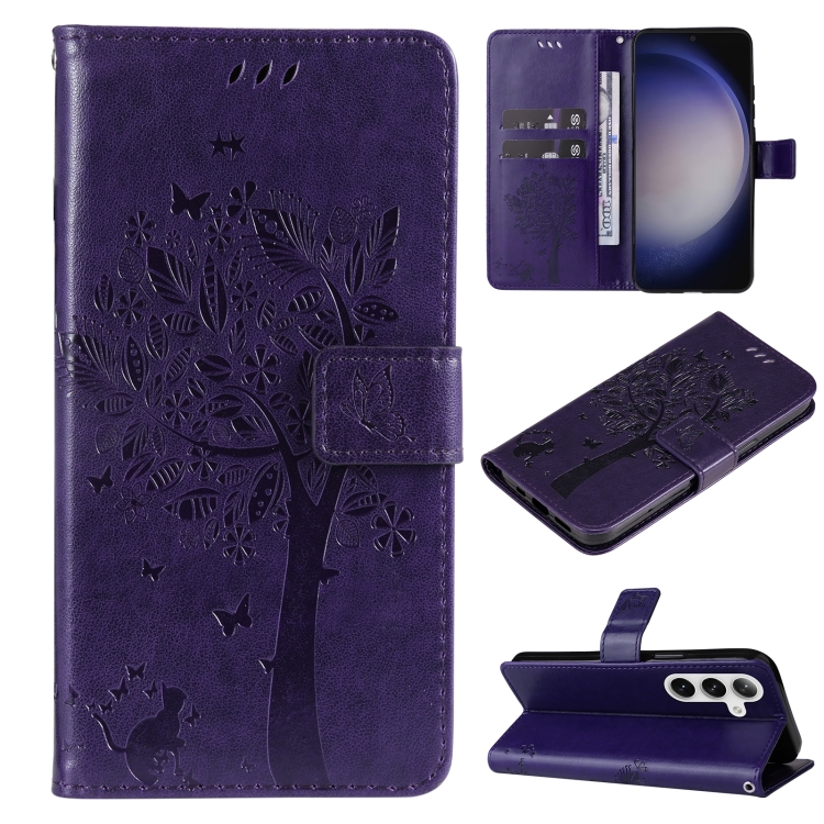 

For Samsung Galaxy S25 / S24 5G Tree & Cat Embossed Pattern Flip Leather Phone Case(Purple)