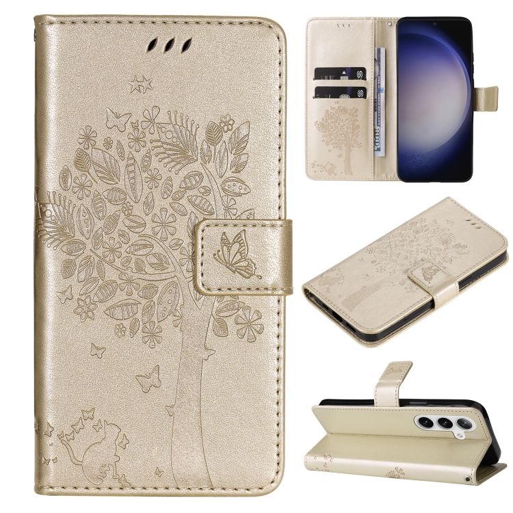 

For Samsung Galaxy S25 / S24 5G Tree & Cat Embossed Pattern Flip Leather Phone Case(Gold)