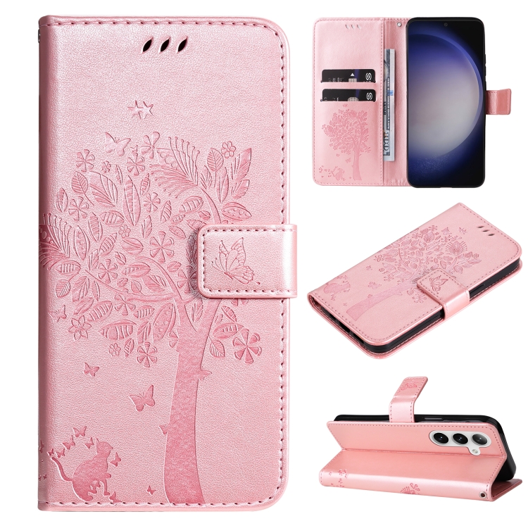 

For Samsung Galaxy S25 / S24 5G Tree & Cat Embossed Pattern Flip Leather Phone Case(Rose Gold)