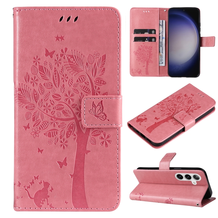 

For Samsung Galaxy S25+ / S24+ 5G Tree & Cat Embossed Pattern Flip Leather Phone Case(Pink)