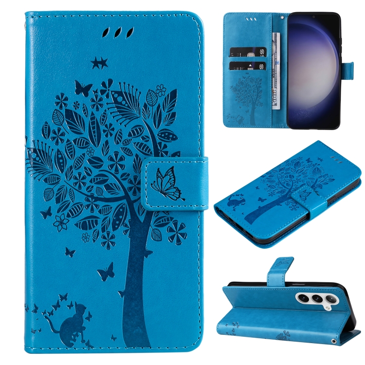 

For Samsung Galaxy S25+ / S24+ 5G Tree & Cat Embossed Pattern Flip Leather Phone Case(Blue)