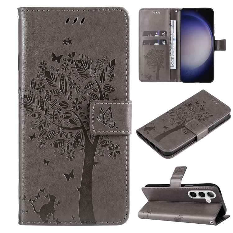 

For Samsung Galaxy S25+ / S24+ 5G Tree & Cat Embossed Pattern Flip Leather Phone Case(Grey)
