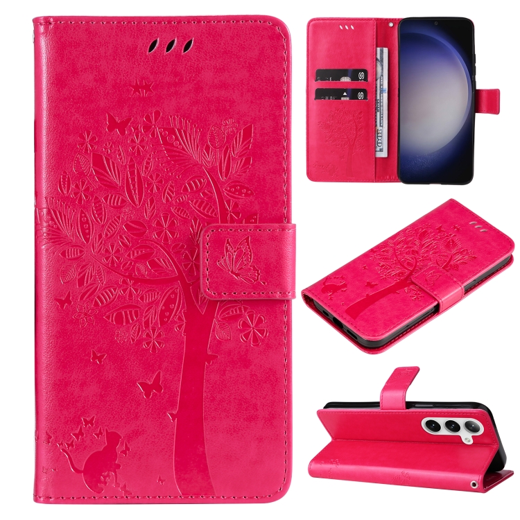 

For Samsung Galaxy S25+ / S24+ 5G Tree & Cat Embossed Pattern Flip Leather Phone Case(Rose Red)