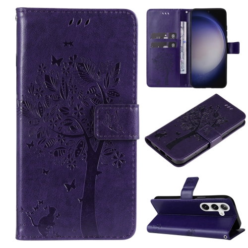 

For Samsung Galaxy S25+ / S24+ 5G Tree & Cat Embossed Pattern Flip Leather Phone Case(Purple)