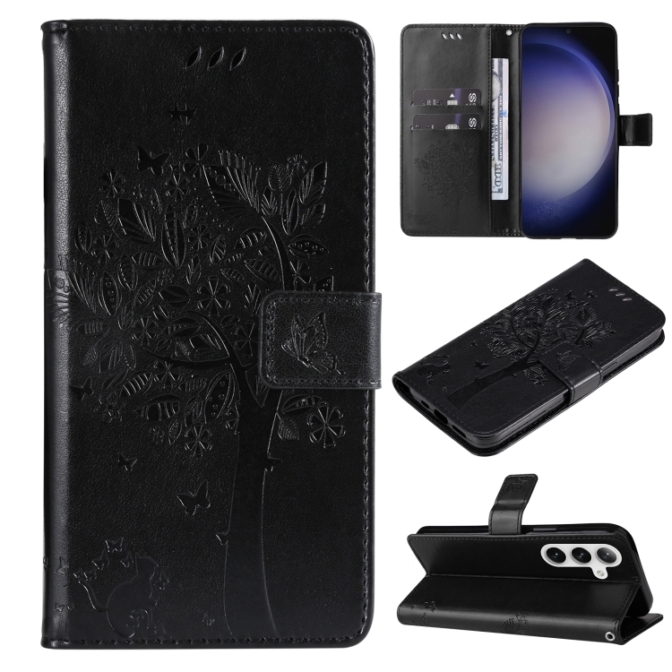 

For Samsung Galaxy S25+ / S24+ 5G Tree & Cat Embossed Pattern Flip Leather Phone Case(Black)