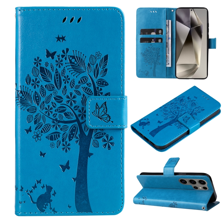 

For Samsung Galaxy S25 Ultra 5G Tree & Cat Embossed Pattern Flip Leather Phone Case(Blue)