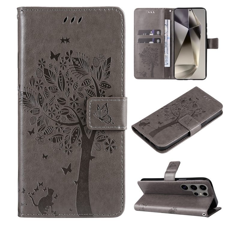 

For Samsung Galaxy S25 Ultra 5G Tree & Cat Embossed Pattern Flip Leather Phone Case(Grey)