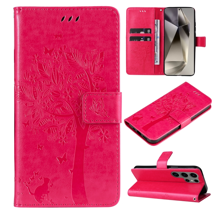 

For Samsung Galaxy S25 Ultra 5G Tree & Cat Embossed Pattern Flip Leather Phone Case(Rose Red)