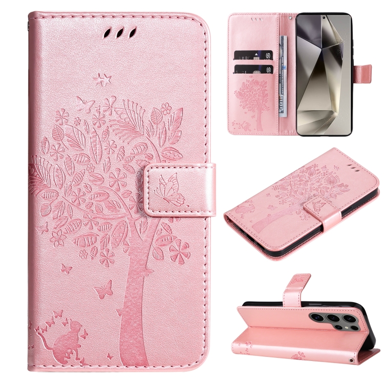 

For Samsung Galaxy S25 Ultra 5G Tree & Cat Embossed Pattern Flip Leather Phone Case(Rose Gold)