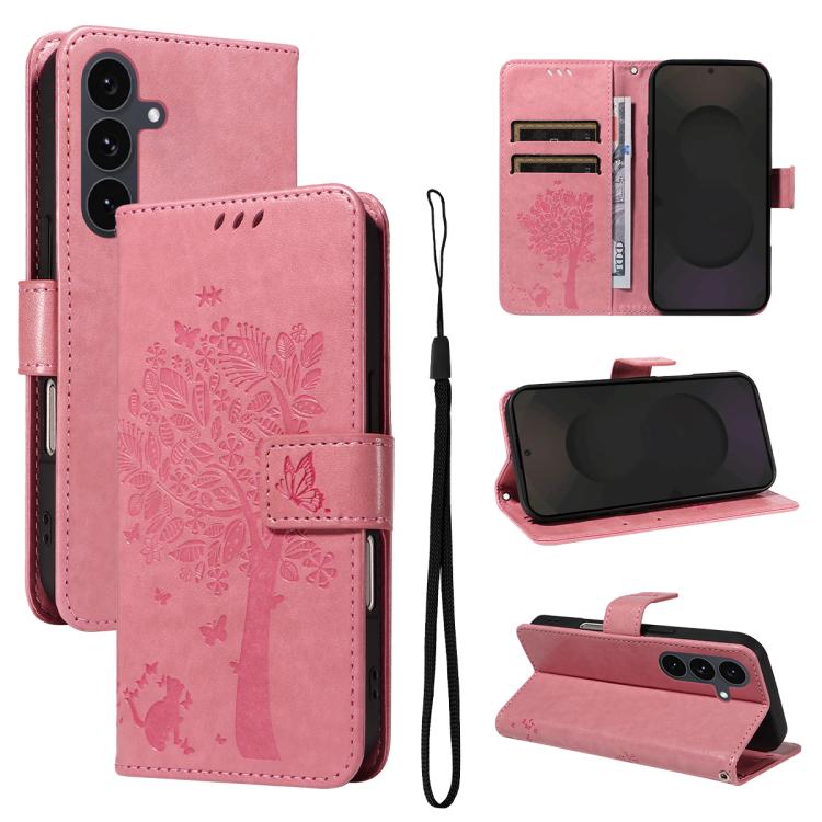 

For Samsung Galaxy S25 FE 5G Tree & Cat Embossed Pattern Flip Leather Phone Case(Pink)