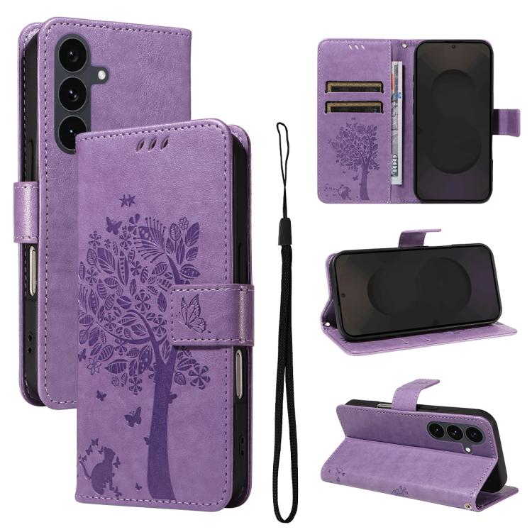 

For Samsung Galaxy S25 FE 5G Tree & Cat Embossed Pattern Flip Leather Phone Case(Light Purple)
