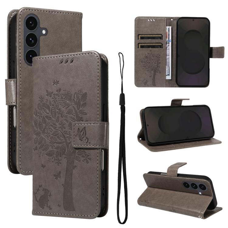 

For Samsung Galaxy S25 FE 5G Tree & Cat Embossed Pattern Flip Leather Phone Case(Grey)