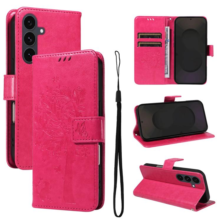 

For Samsung Galaxy S25 FE 5G Tree & Cat Embossed Pattern Flip Leather Phone Case(Rose Red)