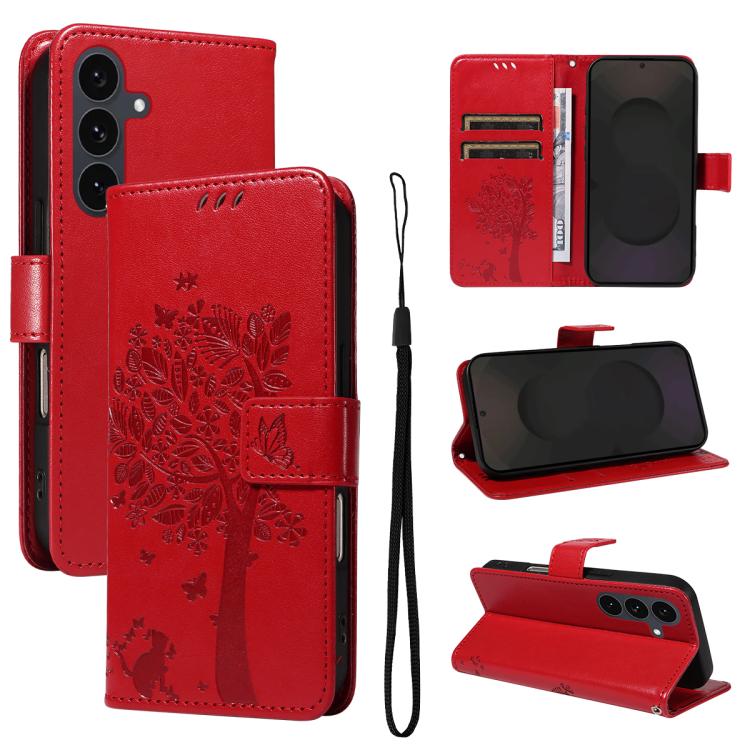 

For Samsung Galaxy S25 FE 5G Tree & Cat Embossed Pattern Flip Leather Phone Case(Red)
