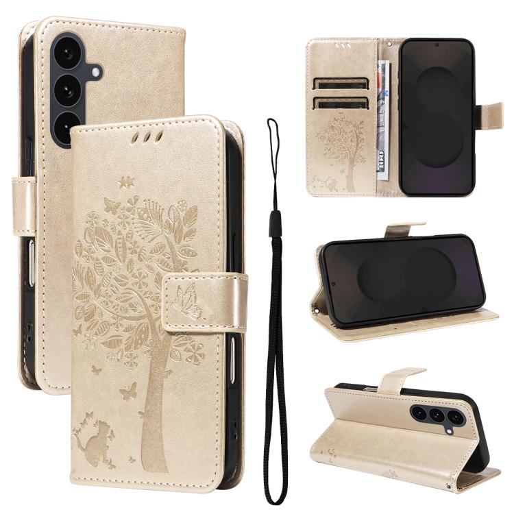 

For Samsung Galaxy S25 FE 5G Tree & Cat Embossed Pattern Flip Leather Phone Case(Gold)