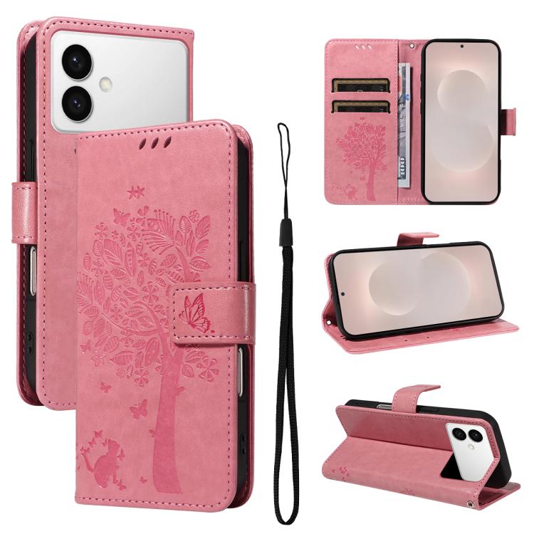 

For Samsung Galaxy S26 Edge 5G Tree & Cat Embossed Pattern Flip Leather Phone Case(Pink)
