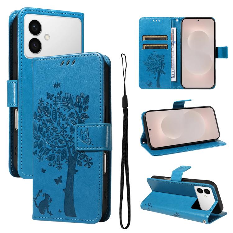 

For Samsung Galaxy S26 Edge 5G Tree & Cat Embossed Pattern Flip Leather Phone Case(Blue)