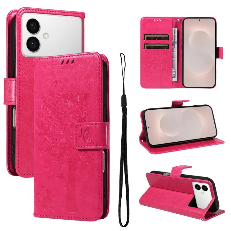 

For Samsung Galaxy S26 Edge 5G Tree & Cat Embossed Pattern Flip Leather Phone Case(Rose Red)
