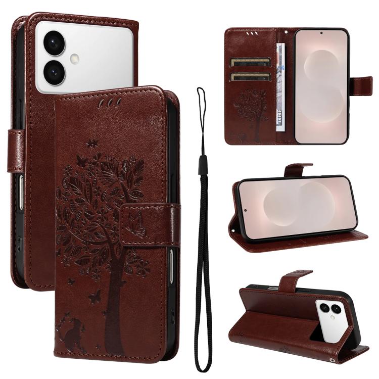 

For Samsung Galaxy S26 Edge 5G Tree & Cat Embossed Pattern Flip Leather Phone Case(Coffee)