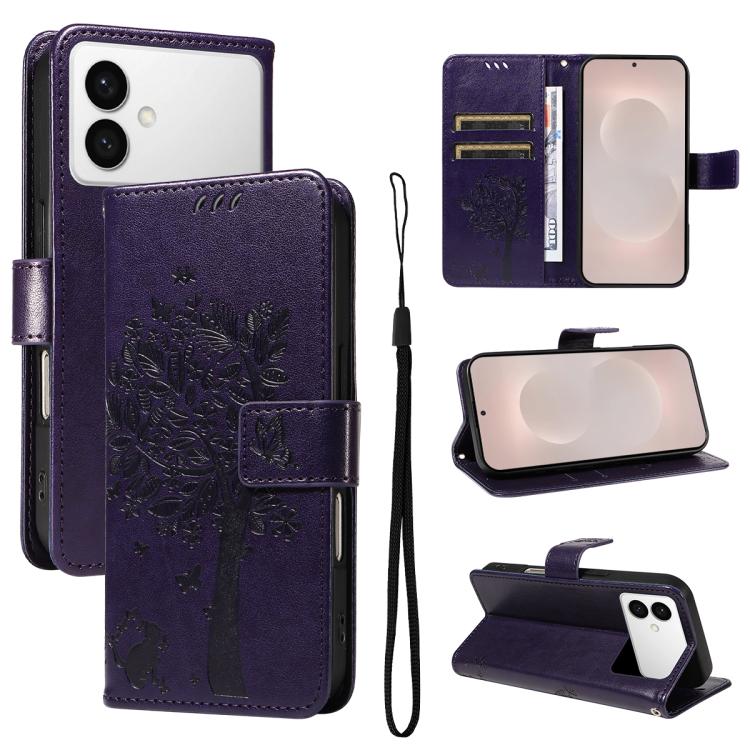 

For Samsung Galaxy S26 Edge 5G Tree & Cat Embossed Pattern Flip Leather Phone Case(Purple)