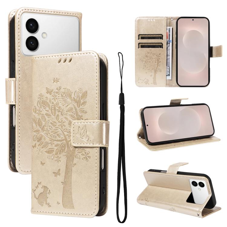 

For Samsung Galaxy S26 Edge 5G Tree & Cat Embossed Pattern Flip Leather Phone Case(Gold)