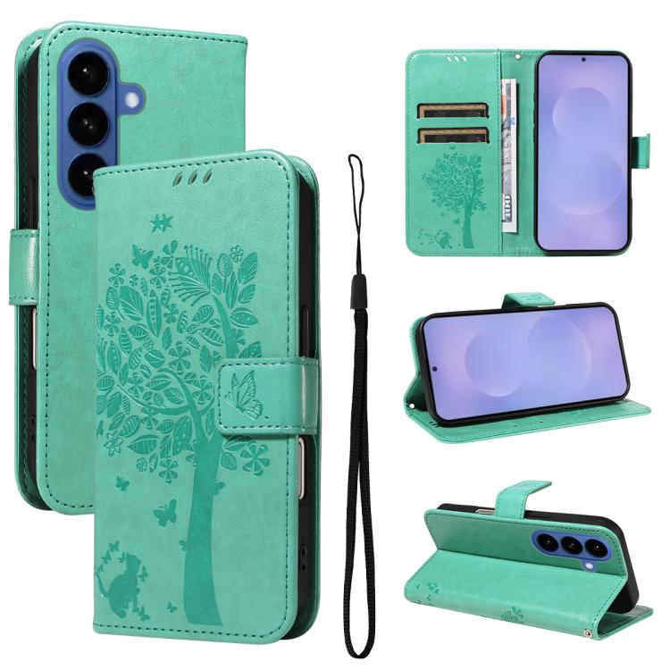 

For Samsung Galaxy S26 Pro 5G Tree & Cat Embossed Pattern Flip Leather Phone Case(Green)